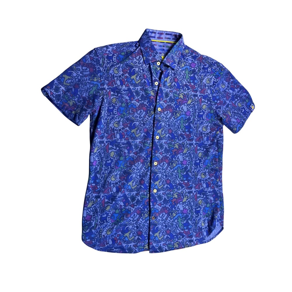 Visconti Black Men's Medium Blue Abstract Art Performance Shirt Funky Button Up